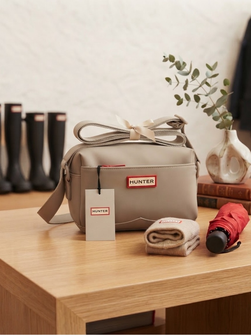 Hunter Taupe Crossbody Bag with Red Logo Patch